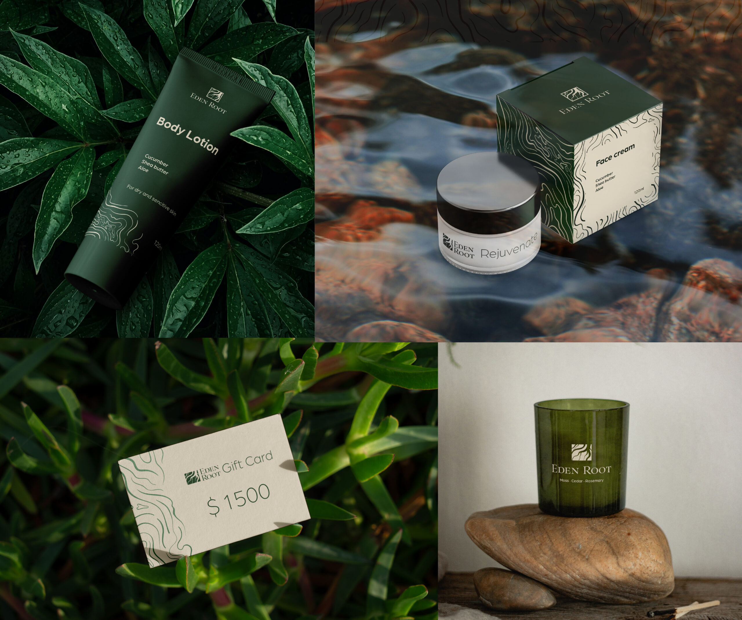 Eden root skincare packaging design Skincare packaging design — cream tube, cream jar, gift card, and candle for a luxury natural cosmetics brand.